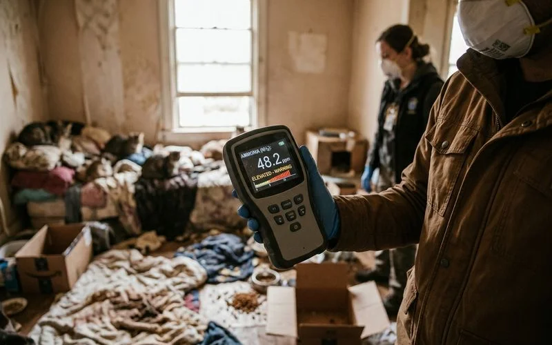 Air quality monitoring device showing elevated ammonia readings during professional assessment of pet hoarding property