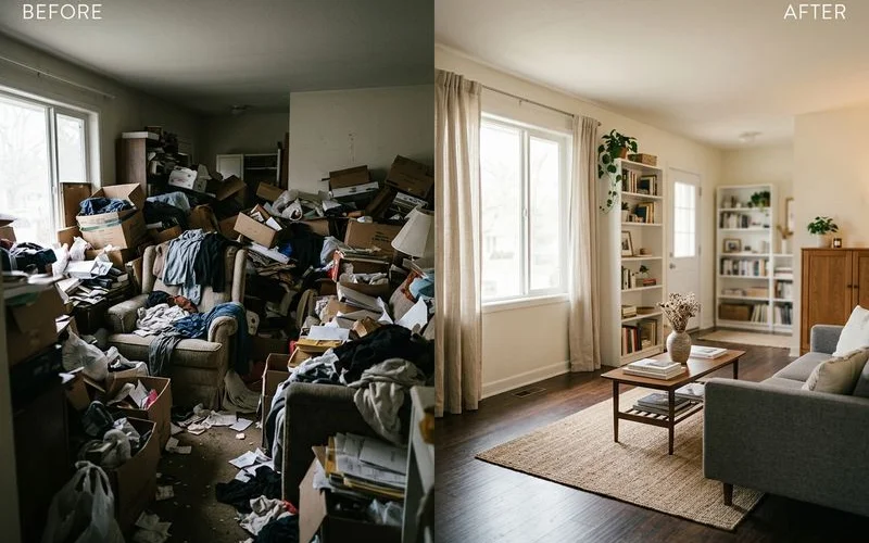 Before and after comparison showing a hoarding affected room transformed into a clean organized living space after professional cleanup