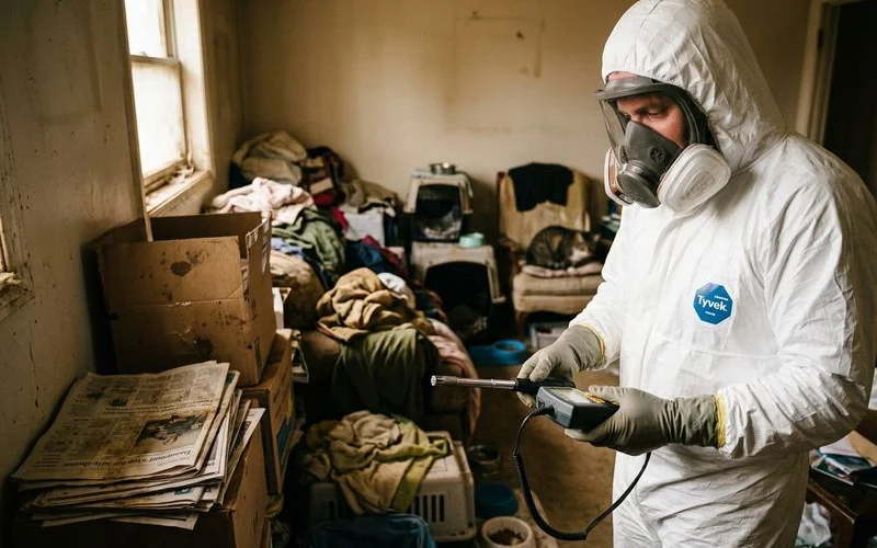 Biohazard technician in full protective equipment testing ammonia levels inside an animal hoarding home in South Carolina