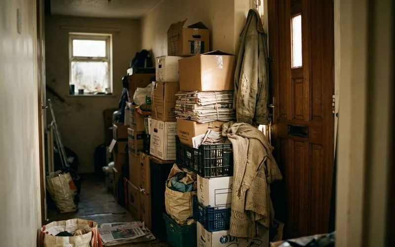 Blocked doorway in hoarding home with stacked items preventing safe exit during potential fire emergency situation