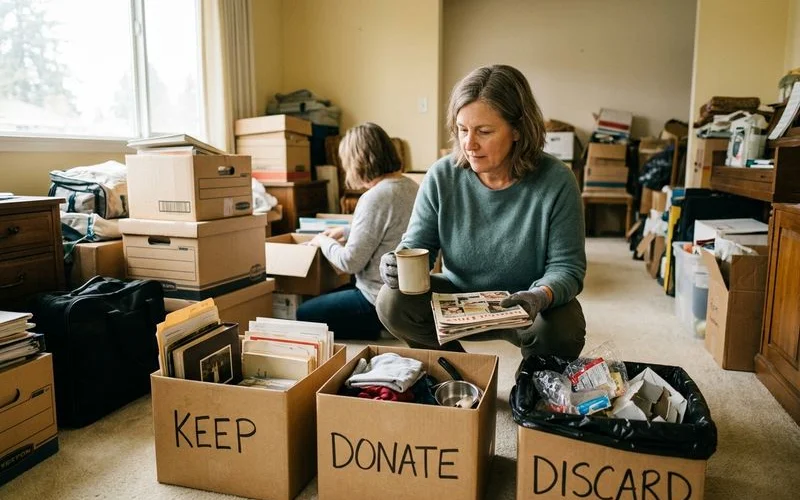 Organized sorting process during hoarding cleanup with items being carefully categorized into keep donate and discard groups