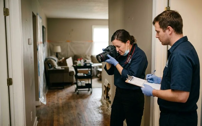Professional cleanup team documenting trauma scene conditions with photographs for insurance claim documentation