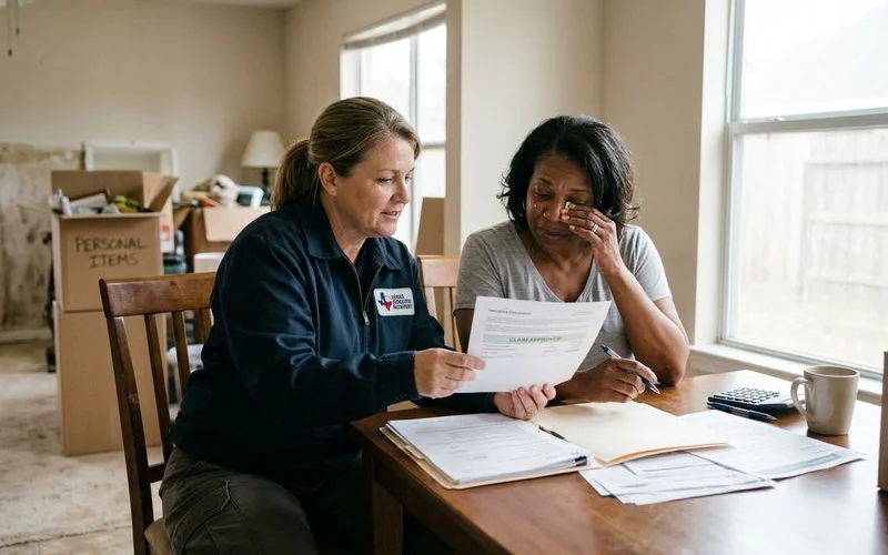 Summerville Hoarding Cleanup team member reviewing insurance paperwork with a relieved homeowner after successful claim
