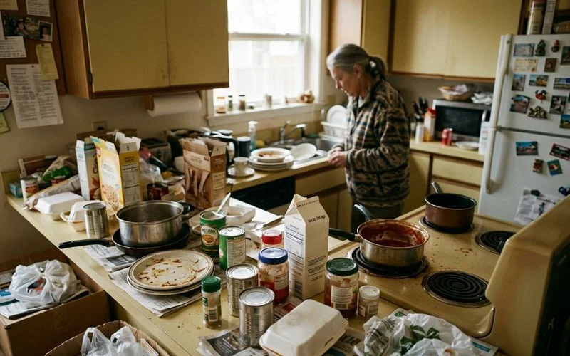 Cluttered kitchen counters buried under expired food packages and unwashed cookware indicating moderate hoarding situation