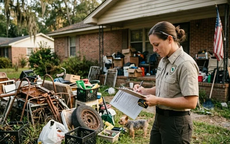 Code enforcement officer reviewing property maintenance violation checklist at residential hoarding property in South Carolina