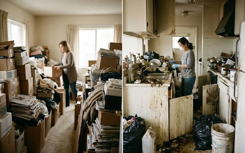 Side by side comparison of cluttered but clean hoarding situation versus biohazardous hoarding with visible contamination