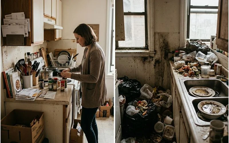 Comparison between cluttered kitchen suitable for DIY cleaning and severely contaminated kitchen requiring professional remediation