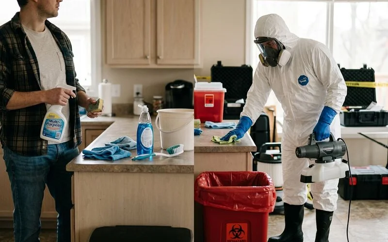 Side by side comparison of regular cleaning supplies versus professional biohazard cleanup equipment and protective gear