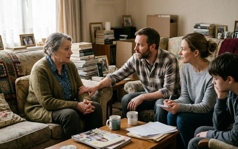 Compassionate family conversation about seeking professional hoarding help with supportive body language in a comfortable setting