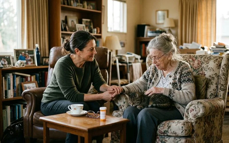 A compassionate neighbor having a supportive conversation with an elderly woman about her pets and home conditions