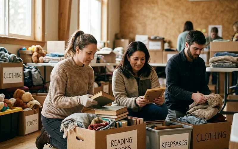 Team carefully sorting personal items during hoarding cleanup