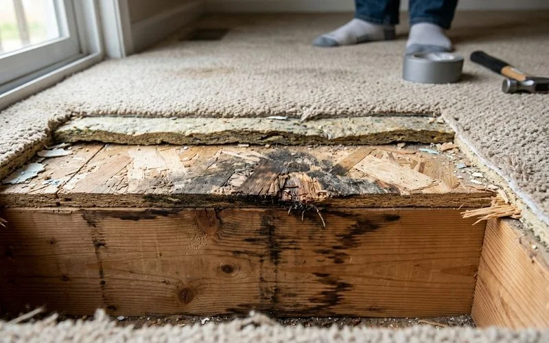 Cross section view showing pet urine contamination penetrating through carpet pad subflooring and into structural wood beneath
