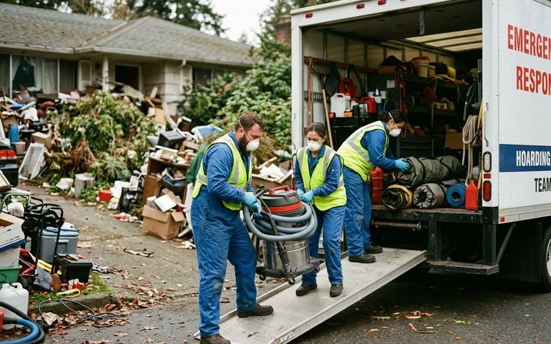Emergency hoarding cleanup team preparing for rapid response