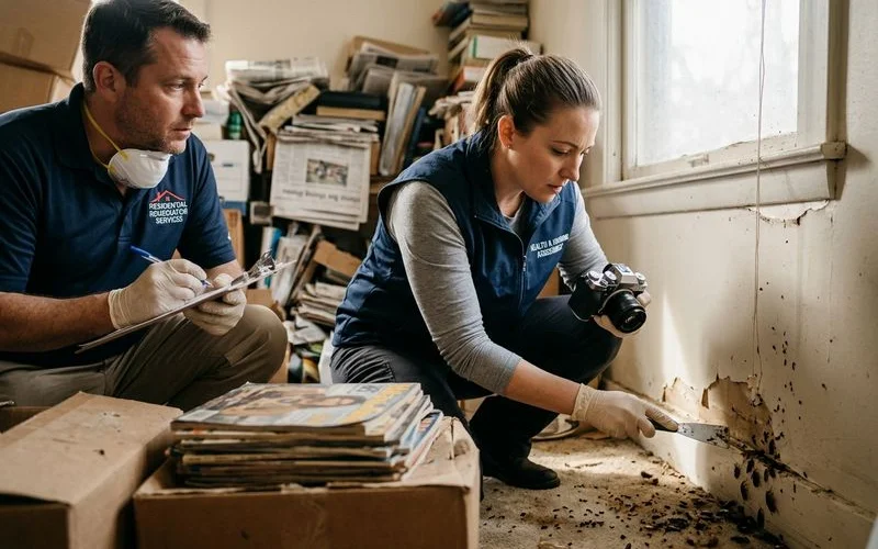 Close up of pest damage and droppings found during professional hoarding assessment indicating significant infestation requiring remediation