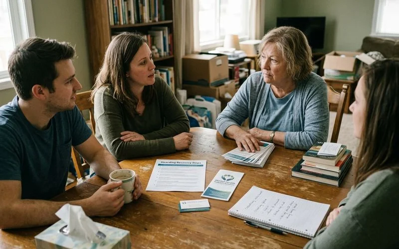 A calm and organized family discussion about hoarding recovery with notes and resources on a kitchen table