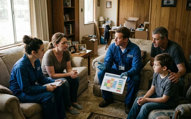 Family receiving compassionate support from professional trauma cleanup team explaining the remediation process