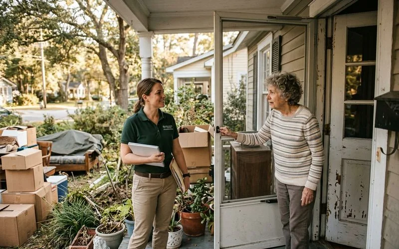 Friendly professional arriving at a Summerville home for a free confidential hoarding cleanup assessment and consultation
