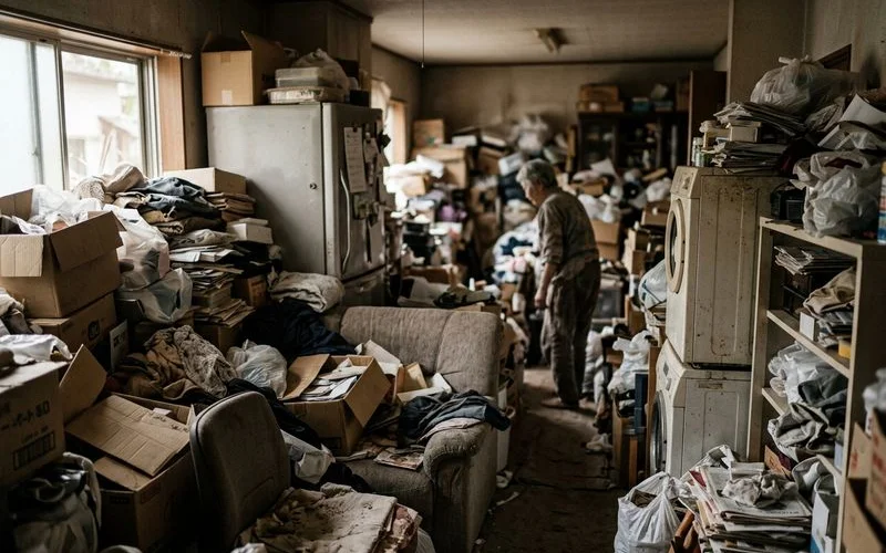 Heavy furniture and appliances buried under layers of accumulated possessions inside a hoarding home needing removal