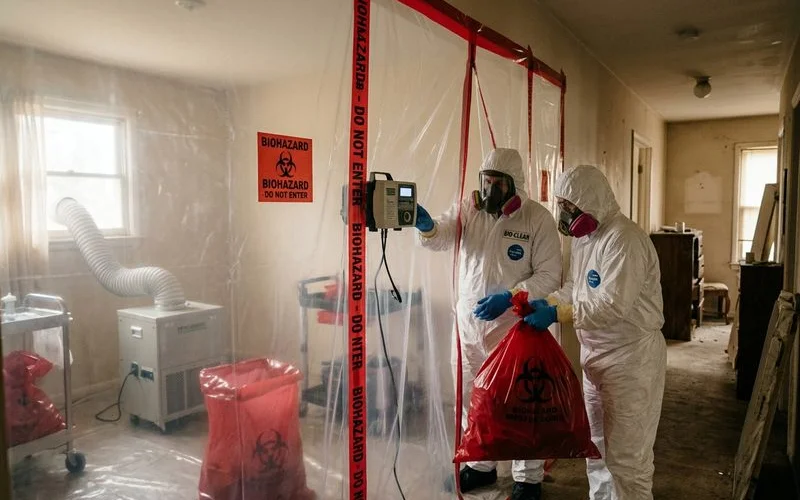 Professional air filtration equipment during biohazard cleanup
