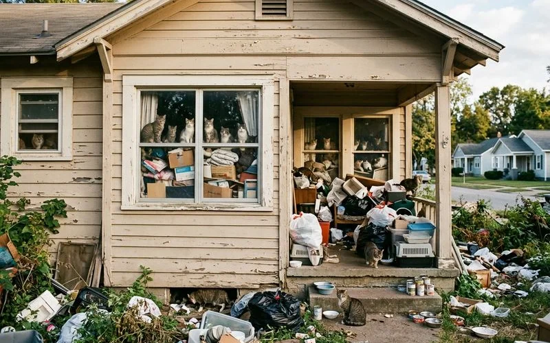 A home exterior showing multiple cats in windows and signs of animal accumulation with overgrown yard in neighborhood