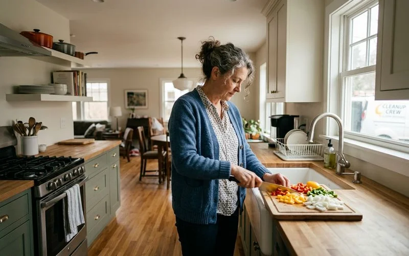 Homeowner preparing a meal in their beautifully restored kitchen after professional hoarding cleanup and recovery service