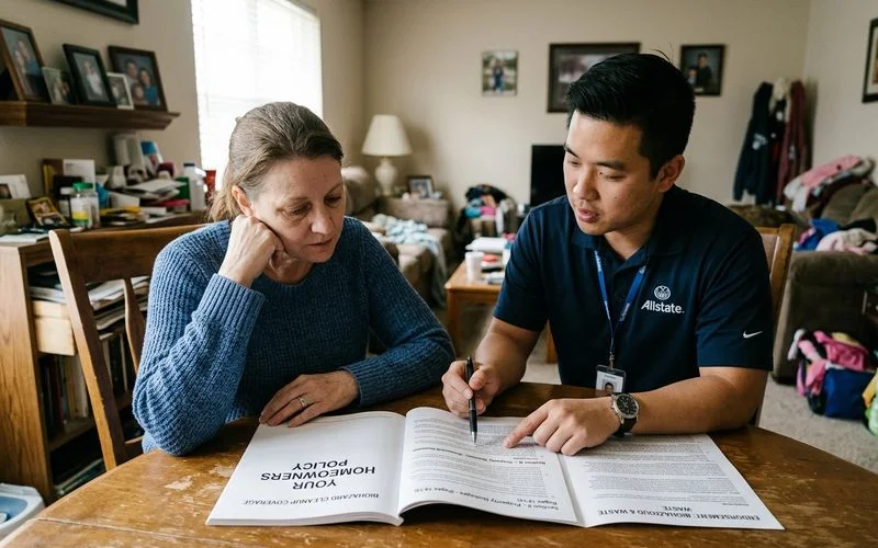 Homeowner reviewing insurance policy documents with adjuster to understand biohazard cleanup coverage options
