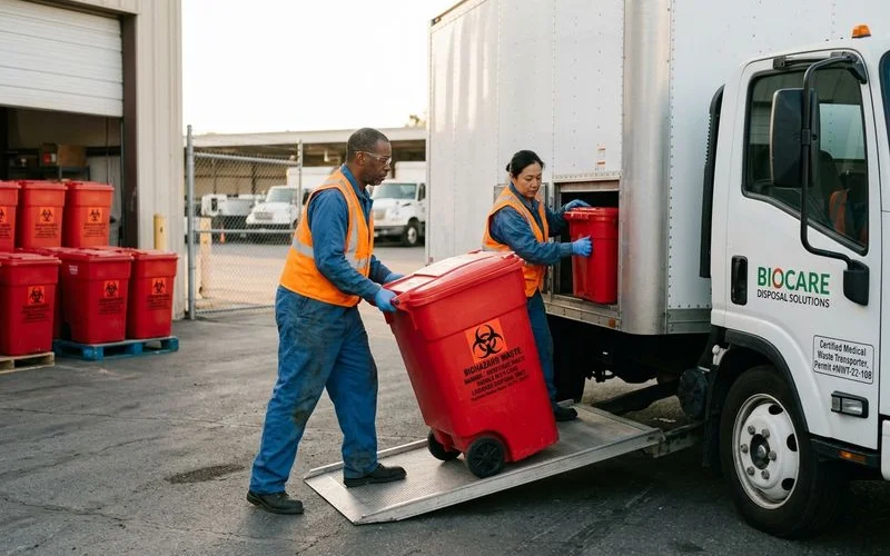 Properly labeled biohazard waste containers being loaded for transport to licensed disposal facility by certified technicians
