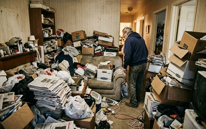 Severely cluttered room requiring professional hoarding cleanup intervention with safety hazards present in a residential home