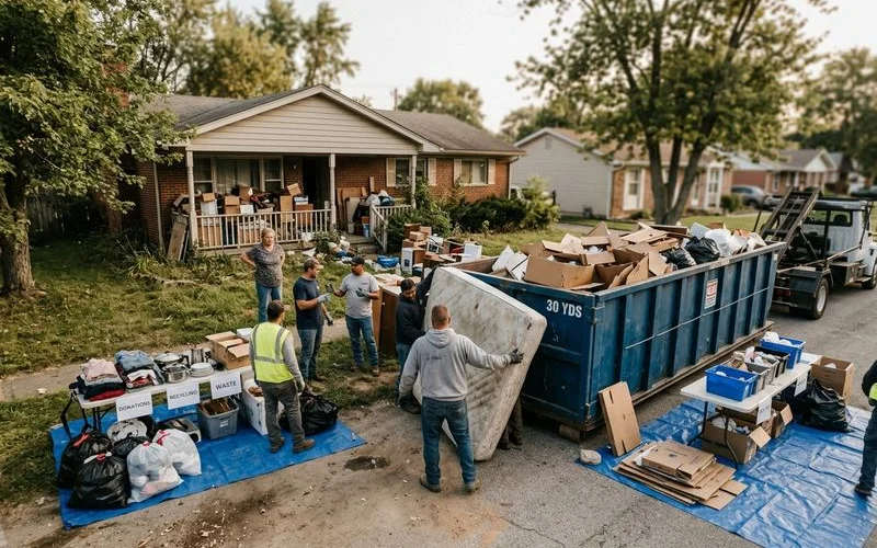 Multiple dumpsters and organized removal stations set up outside a residential home during a large scale hoarding cleanup project