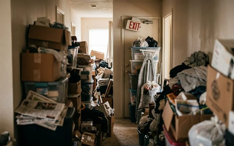 Narrow pathway through cluttered hallway in a hoarding situation showing blocked emergency exit routes in residential home