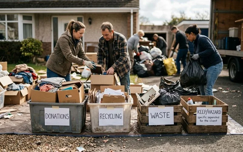 Organized sorting station at hoarding cleanup site with separate bins for donations recycling and waste disposal