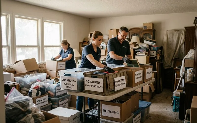 Organized sorting stations set up during a professional hoarding cleanup with donation and disposal bins clearly labeled