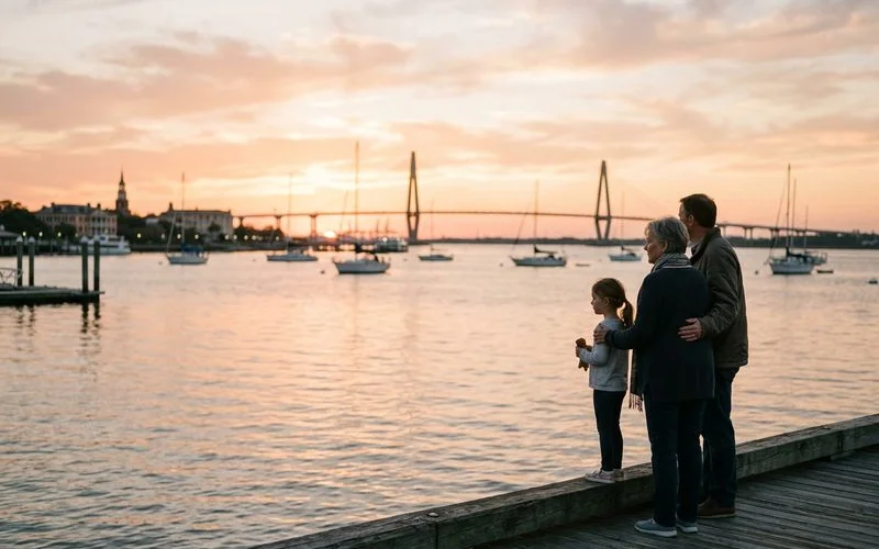 Peaceful sunset over Charleston harbor symbolizing hope and healing after loss and the path forward for grieving families