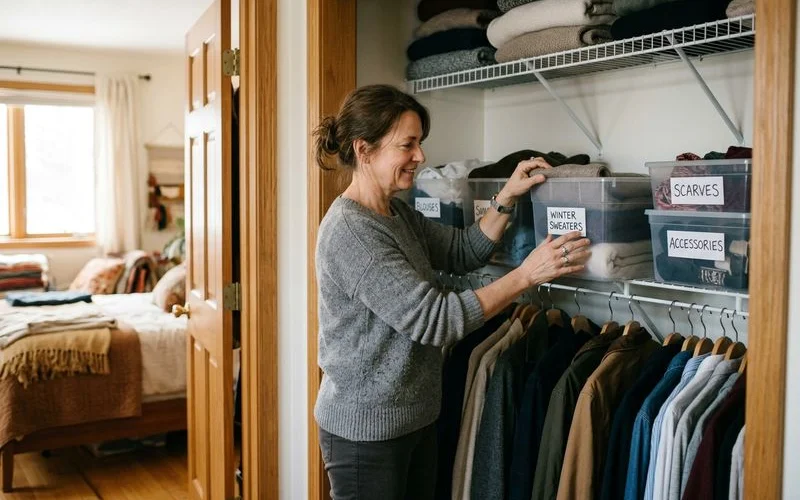 Person organizing a tidy closet with labeled bins and designated spaces for belongings after professional hoarding cleanup