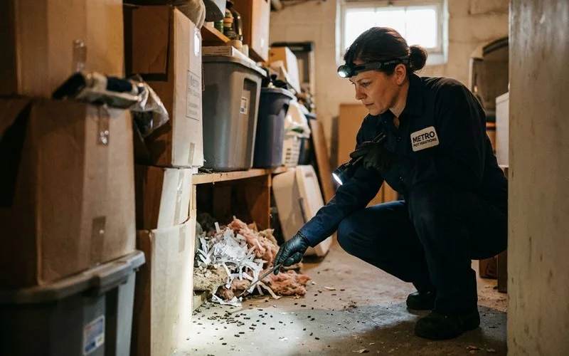 Pest control professional inspecting behind stacked items in hoarding home discovering rodent droppings and nesting materials