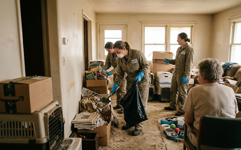 Professional animal hoarding cleanup team working together to restore a contaminated home to safe living conditions