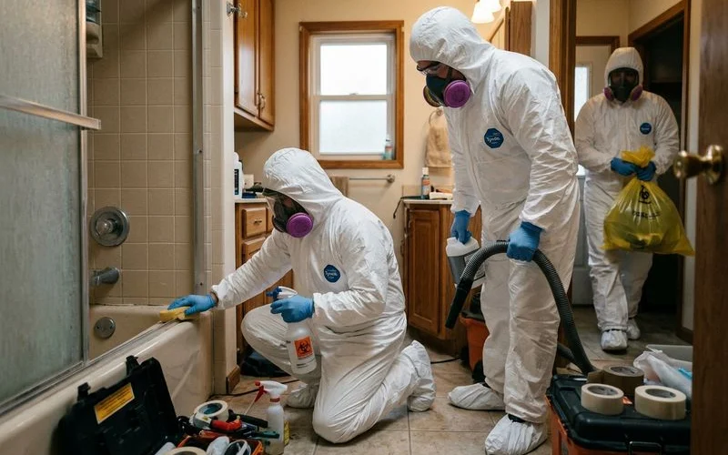 Professional biohazard team in full protective gear conducting safe bathroom restoration in hoarding affected Summerville home