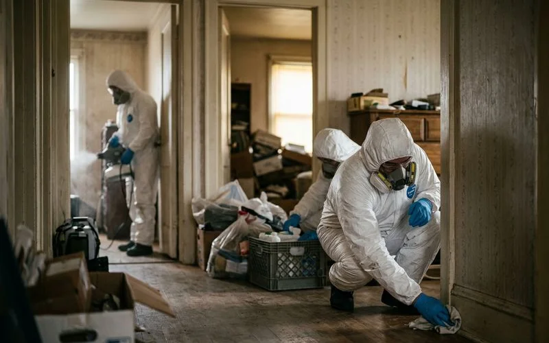 Professional biohazard remediation team in protective equipment performing thorough decontamination of affected property
