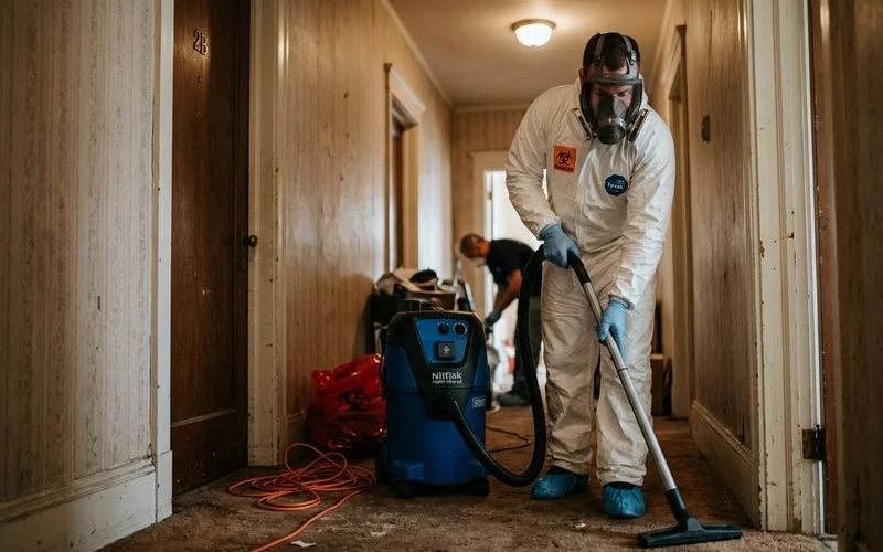 Professional team in PPE conducting biohazard remediation