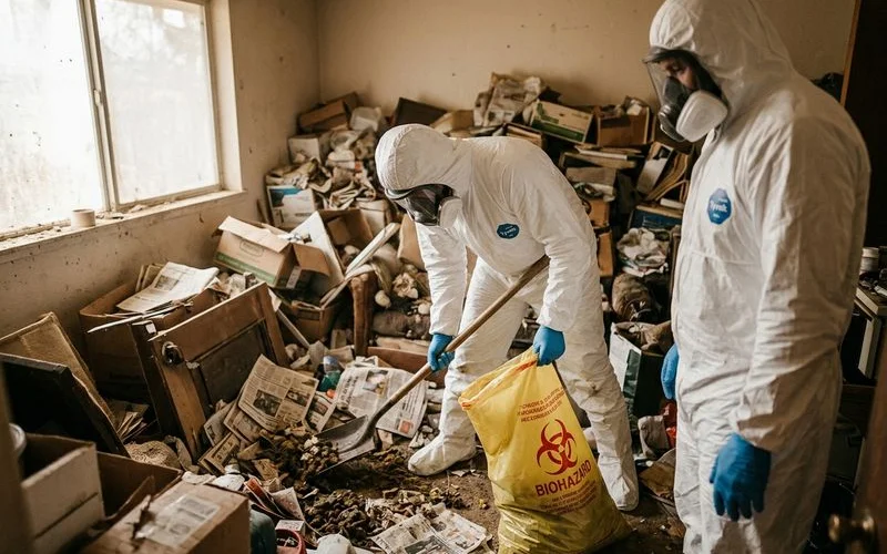 Professional cleanup crew in protective gear handling biohazardous animal waste materials during hoarding remediation project