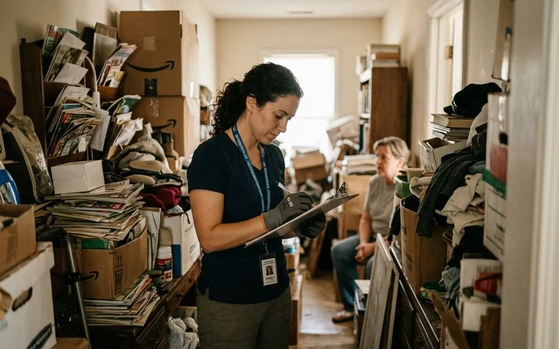 Professional conducting a thorough hoarding assessment inside a Summerville home taking notes on clipboard for cleanup planning
