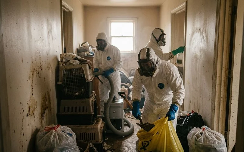 Professional cleanup crew in respirators performing ammonia decontamination work inside a pet hoarding property