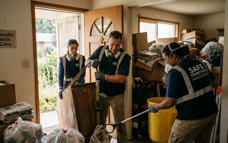 Professional crew using commercial equipment to safely remove heavy debris from cluttered hoarding home through doorway