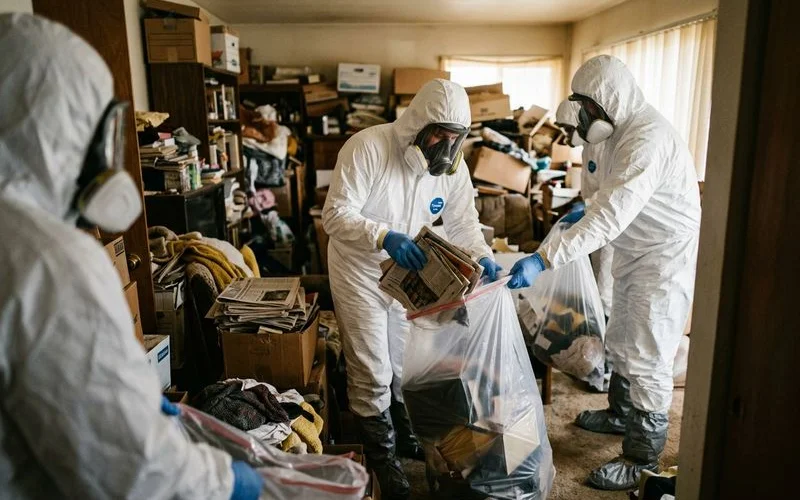 Professional hoarding cleanup crew wearing full protective equipment while working safely in a contaminated residential environment