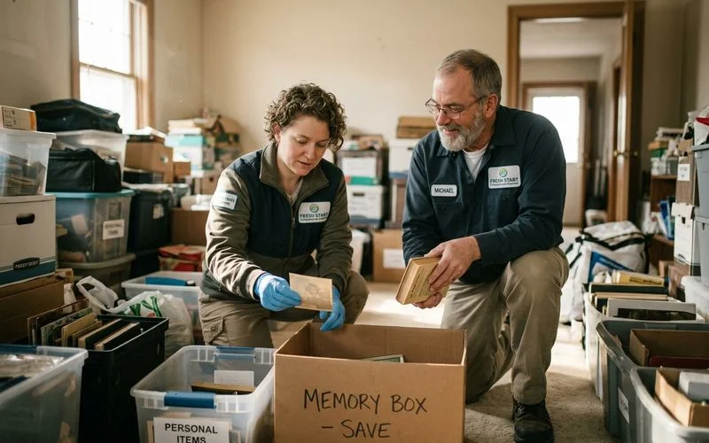 Professional hoarding cleanup team carefully sorting and organizing belongings during a compassionate residential cleanup service