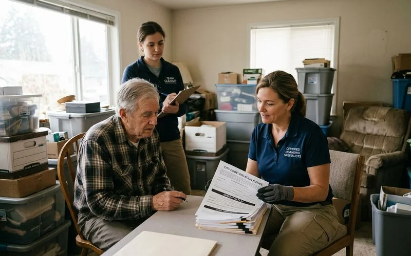 Professional hoarding cleanup team developing compliance plan with homeowner after code enforcement violation notice