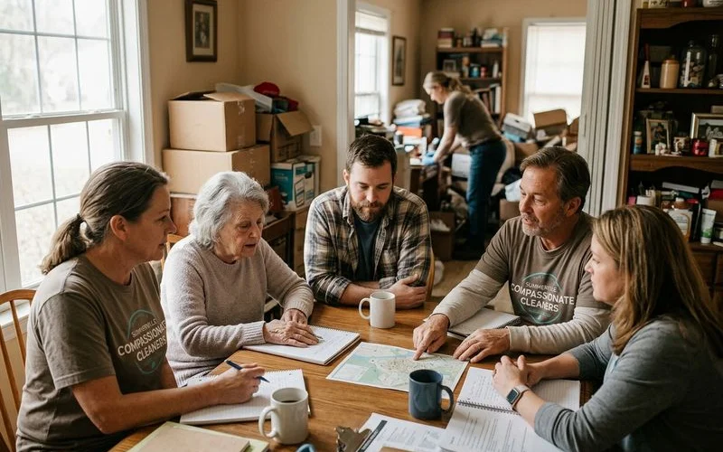 A professional hoarding cleanup team meeting with a family to discuss a compassionate cleanup plan in Summerville South Carolina