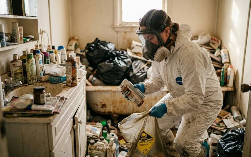 Professional wearing protective equipment carefully handling hazardous chemical products found during bathroom hoarding cleanup