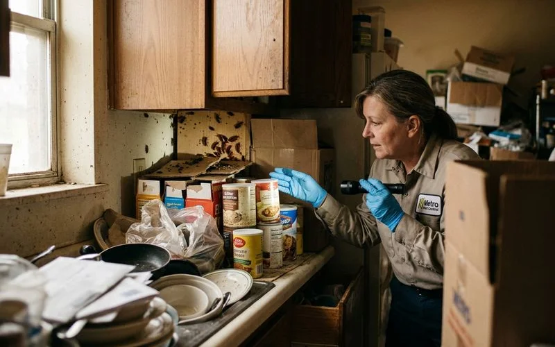 Professional pest inspection of kitchen cabinets in hoarded home revealing cockroach infestation behind stacked food containers