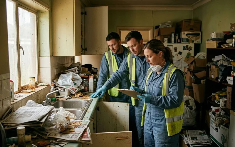 Professional team assessing kitchen conditions during hoarding cleanup evaluation noting appliance status and contamination levels